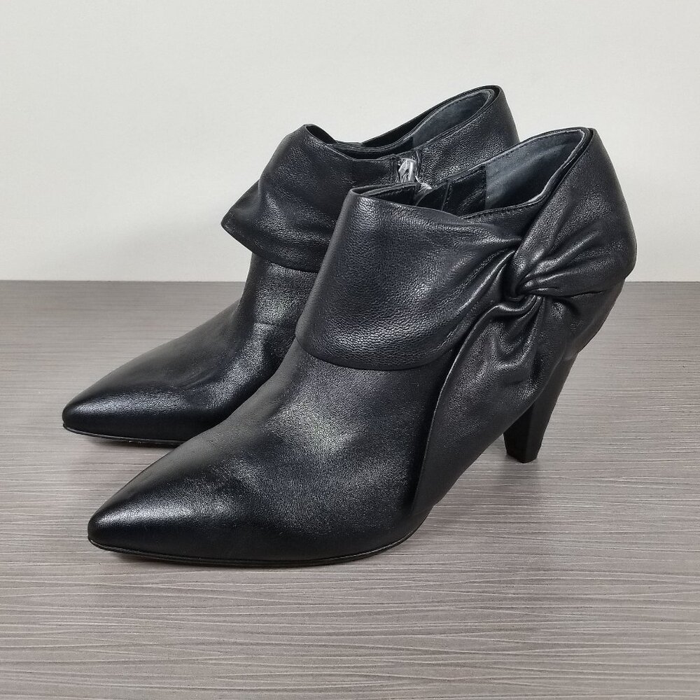 Page Catrine Bow Pointed Toe Booties, Black Leather, Womens Size 8 M